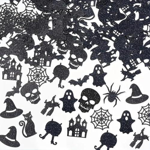 ParPix 100 Stück Schwarz Halloween Deko Konfetti, Groß 4,5cm Halloween Party Streudeko, Horror Halloweendeko Confetti, Halloween Dekoration Konfetti Hexen Totenkopf Fledermaus Gespenster Spinnen von ParPix