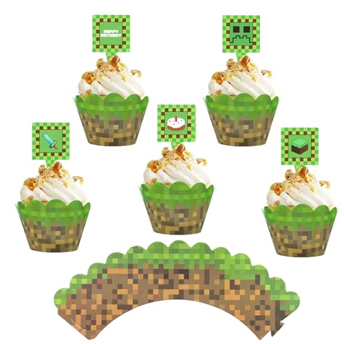 ParPix 48 Stück Pixel Cake Topper, 24 Videospiel Cupcake Toppers Wrappers, 24 Miner Game Tortendeko, Video Game Kuchen Deko Kindergeburtstag, Video Game Geburtstag Kuchendeko, Cupcake Förmchen ParPix 48 Stück Pixel Cake Topper, 24 Videospiel Cupcake Toppers Wrappers, 24 Miner Game Tortendeko, Video Game Kuchen Deko Kindergeburtstag, Video Game Geburtstag Kuchendeko, Cupcake Förmchen von ParPix