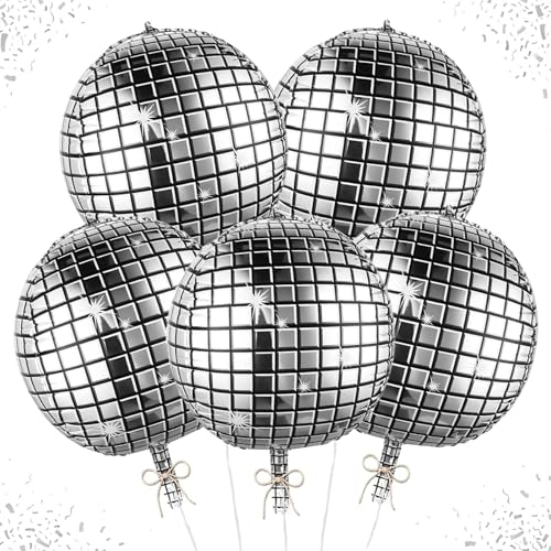 ParPix 5 Stk Silber Discokugel Folienballons,22 Zoll Disco Deko Luftballon,Disco Party Deko Folienballon,Discos Themenparty Ballon,70er 80er 90er Jahre Dekos Luftballons,Discos Kugel Deko Folienballon von ParPix