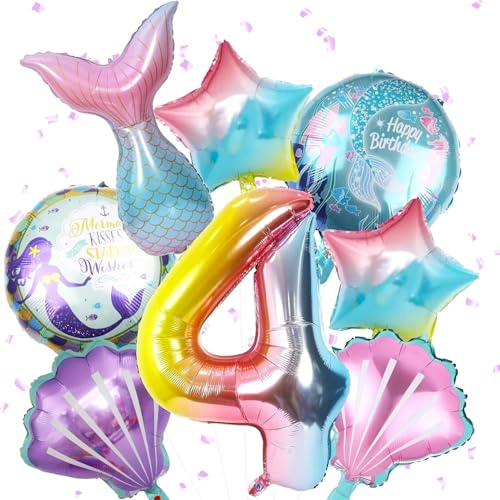 ParPix 8 Stück Luftballon 4 Jahre Meerjungfrau Geburtstag Deko, XXL Folienballon 4. Geburtstag Mädchen, Meerjungfrau Geburtstagsdeko Mädchen 4 Jahre, Helium Ballon 4 Meerjungfrau Kindergeburtstag von ParPix