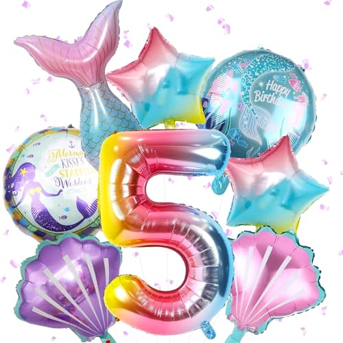 ParPix 8 Stück Folienballon 5 Jahre Meerjungfrau Geburtstag Deko, XXL Meerjungfrau Luftballon 5 Jahre Mädchen, Meerjungfrau Ballon 5 Geburtstag Mädchen, Geburtstagsdeko Mädchen 5 Jahres Helium Ballon von ParPix