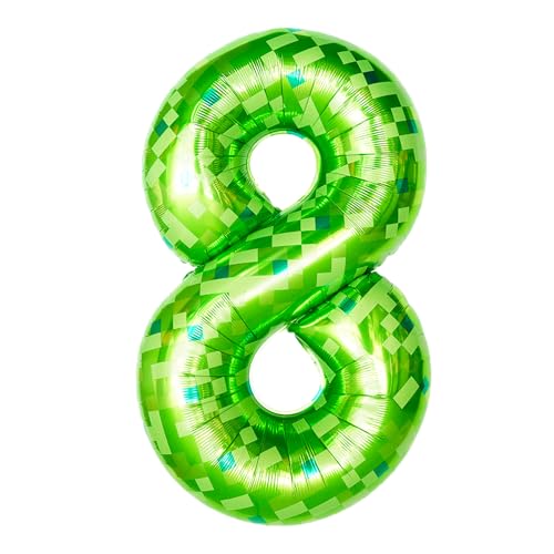 ParPix Pixelmotiv Zahlen Luftballon 8. Geburtstag Junge Mädchen, Grün Pixel Thema 40 Zoll Folienballon 8, Pixel Miner 8 Geburtstag Zahlen Ballons, 100cm Helium Ballon 8, Geburtstagsdeko 8 Jahre Junge von ParPix