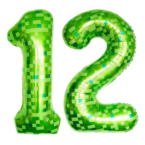 ParPix Pixelmotiv Zahlen Luftballon 12. Geburtstag Junge Mädchen, Grün Pixel Thema 40 Zoll Folienballon 12, Pixel Miner 12 Geburtstag Zahlen Ballons, Helium Ballon 12, Geburtstagsdeko 12 Jahre Ballon von ParPix