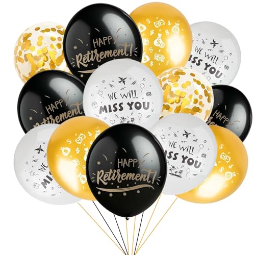 20 Stück Happy Retirement Luftballons，Schwarz Gold Weiß,We Will Miss You Rente Deko Ballon,Gilt für Renteneintritt Geschenk Männer und Renteneintritt Geschenk Frau von Pararty