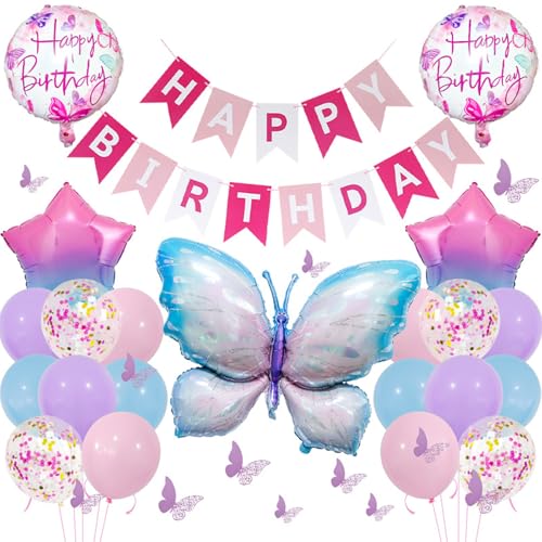 34 Stück Schmetterling Luftballons Set,Geburtstagsdeko Mädchen mit Girlande,Schmetterling Deko Geburtstag für Baby-Shower & Kinderparty,Inkl. Latex-, Folienballons,Wandtattoos (Farbverlauf Rosa-Lila von Pararty