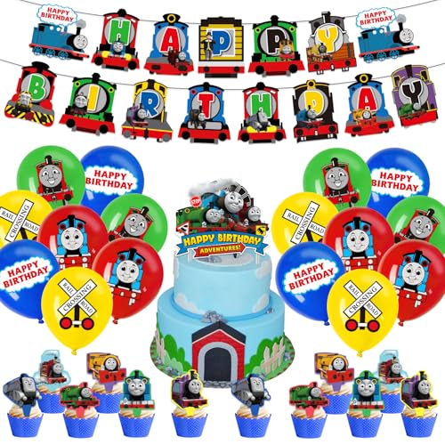 Thomas Train Birthday Party Decorations Set, Thomas Luftballons Geburtstag,Happy Birthday Banner, Cupcake Toppers,Hanging Swirls, Zug Geburtstag Party Supplies von Pararty