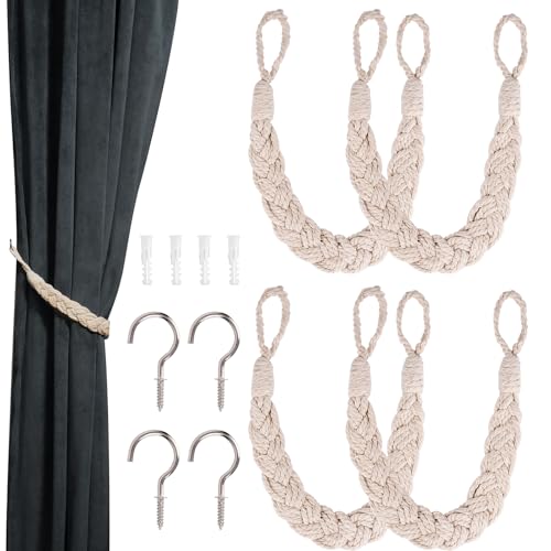 4 Stück Vorhang Raffhalter,61cm Gardinen Halterung,Handgestrickte Gardinen Raffhalter,Baumwolle Gardinenhalter Raffhalter,Vorhang Halter,Vorhang Band für Office, Wohnzimmer, Schlafzimmer (Beige) von Parastar
