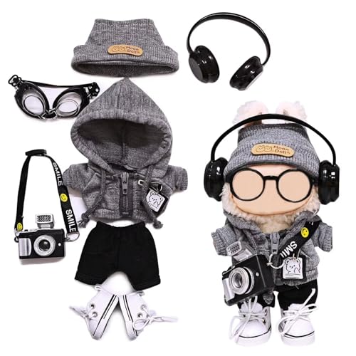 7pcs Outfit für Labubu 17cm Puppentuch Set LBB Kleidung und Zubehör Hoodie Hosen Schuhe Hut Brille Kamera Kopfhörer (keine Puppe) von Parateck