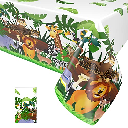 1 Stück Dschungel Safari Plastik Tischdecke, wildes One Babyparty Tischdecke, Party Einweg Tischabdeckung, Tiere Plastik Tisch Cover für Hochzeit Jungen Mädchen Geburtstagsfeier, 137 x 274CM von Paready