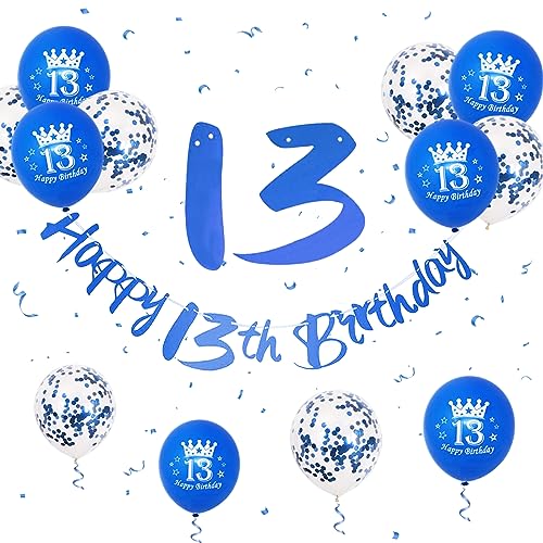 13 Geburtstag Deko, Happy Birthday Girlande Blau 13 Geburtstag Junge Mädchen, Geburtstag Banner Blau 13. Geburtstag Luftballons Konfetti Ballons 13 Happy Birthday Banner für 13. Geburtstag Party Deko von Paready
