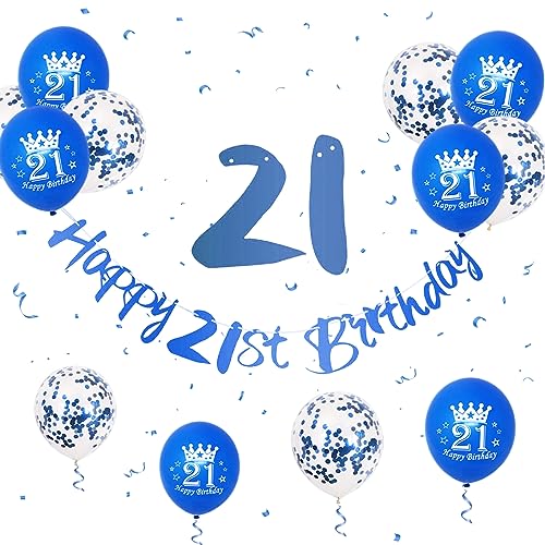 21 Geburtstag Deko, Happy Birthday Girlande Blau 21 Geburtstag Männer Frauen, Geburtstag Banner Blau 21. Geburtstag Luftballons Konfetti Ballons 21 Happy Birthday Banner für 21. Geburtstag Party Deko von Paready