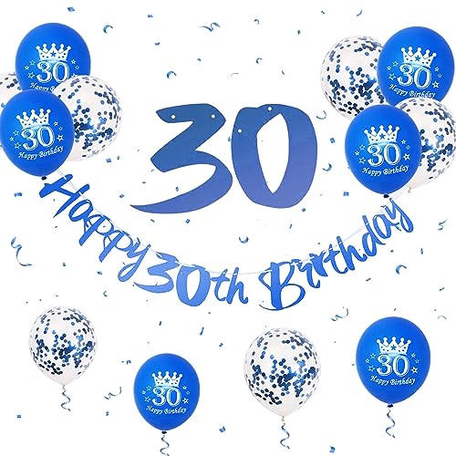 30 Geburtstag Deko, Happy Birthday Girlande Blau 30 Geburtstag Männer Frauen, Geburtstag Banner Blau 30. Geburtstag Luftballons Konfetti Ballons 30 Happy Birthday Banner für 30. Geburtstag Party Deko von Paready