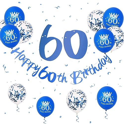 60 Geburtstag Deko, Happy Birthday Girlande Blau 60 Geburtstag Männer Frauen, Geburtstag Banner Blau 60. Geburtstag Luftballons Konfetti Ballons 60 Happy Birthday Banner für 60. Geburtstag Party Deko von Paready
