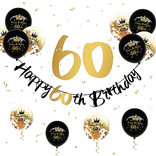 60 Geburtstag Deko, Happy Birthday Girlande Schwarz Gold 60 Geburtstag Banner Geburtstagsdeko Luftballons 60. Geburtstag Männer Frauen 60 Happy Birthday Banner für 60. Geburtstag Party Jubiläum Deko von Paready
