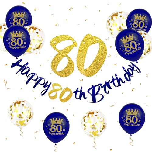 80 Geburtstag Deko Männer, Blau Gold 80 Geburtstag Banner 80. Geburtstag Luftballons Gold Konfetti Ballons 80. Geburtstagsdeko 80 Happy Birthday Banner für Männer 80. Geburtstag Jubiläum Deko von Paready
