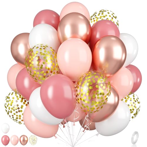 Luftballons Altrosa, 55 Stück Altrosa Weiß Partyballons 12 Zoll Staubige Rosa Ballons Metallic Rosegold Weiß Latexballons Retro Rosa und Gold Konfettiballons für Mädchen Geburtstagsfeier Babyparty von Paready