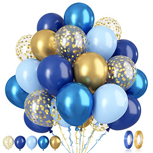 Luftballons Blau Gold, 60 Stück 12 Zoll Geburtstag Luftballons Marineblau Gold Metallic Ballons mit Konfetti Helium Ballons für Babyparty Hochzeit Verlobung Jubiläum Blau Thema Party Graduierung Deko von Paready