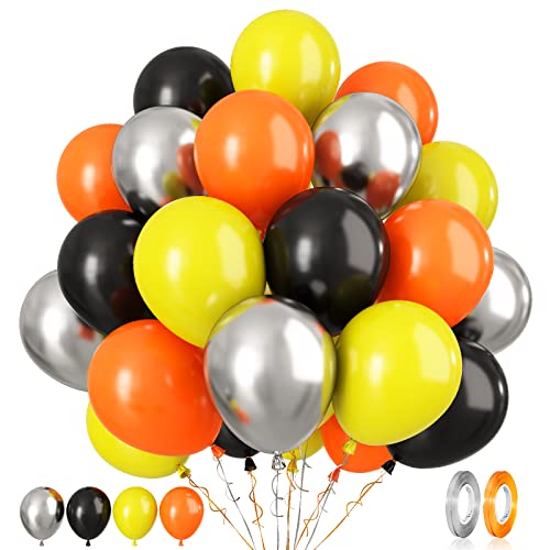 Luftballons Gelb Schwarz Orange, 60 Stück 12 Zoll Orange Schwarze Gelb mit Metallic Silber Luftballons, Schwarz Orange Gelb Party ballons für Kinder Jungen Bauparty Geburtstag, Babyparty Dekoration von Paready