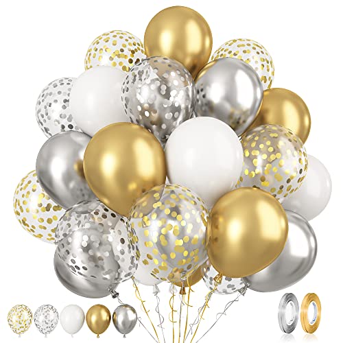Luftballons Gold Silber, 60 Stück 12 Zoll Helium Luftballons Gold Silber Metallic Ballons Weiße Konfetti Ballons für Jungen Mädchen Geburtstag Babyparty Jubiläum Hochzeit Braut Dusche Graduierung Deko von Paready