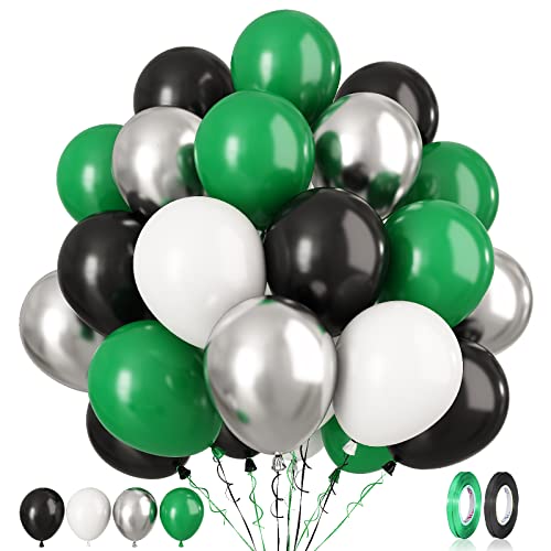 Luftballons Grüne Schwarz, 60 Stück 12 Zoll Dunkelgrüne Metallic Silber Luftballons, Schwarz Grüne Weiße Party Ballons für Videospiel, Fußballparty, Babyparty, Graduierung, Geburtstag, Jubiläum Deko von Paready