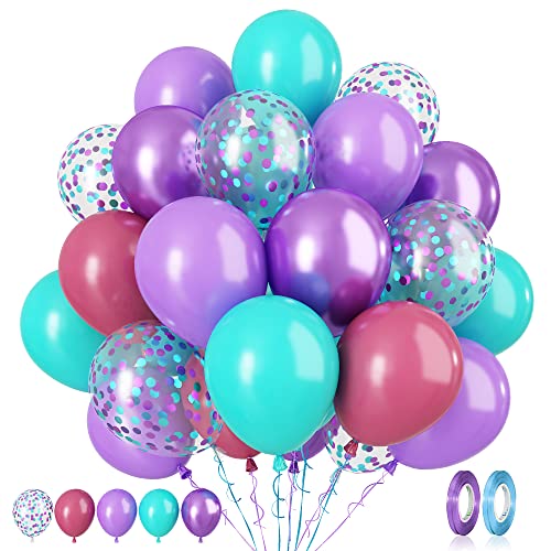Luftballons Lila Blaugrün, 60 Stück 12 Zoll Meerjungfrau Party Ballons Lila Blau Rot Helium Luftballons mit Lila Konfetti Ballons für Mädchen Einhorn Ozean Meer Party Geburtstag Babyparty Dekorations von Paready