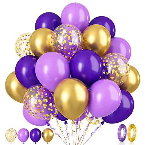 Luftballons Lila und Gold, 60 Stück 12 Zoll Latex Dunkellila Metallic Gold Konfetti Luftballons, Party Ballons für Geburtstag, Babydusche, Mädchen, Hochzeit, Brautparty, Graduierung, Jubiläum Deko von Paready