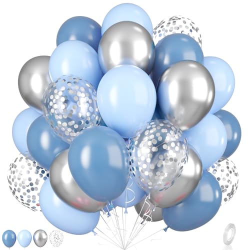 Luftballons Retro Blau Silber, 55 Stück Staubiges Blau Partyballons 12 Zoll Metallic Silber Blau Ballons Pastell Blau Ballons Silber Konfettiballons für Kinder Geburtstagsfeier Babyparty Hochzeit von Paready