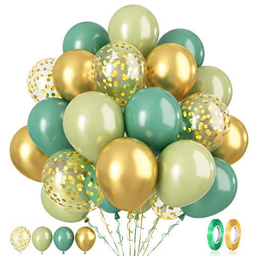 Luftballons Salbeigrün Gold, 60 Stück 12 Zoll Grün Gold metallische Luftballons mit Gold Konfetti Luftballons, Retro Party ballons für Dschungel Geburtstag Wild Thema Babyparty Hochzeit Dekoration von Paready