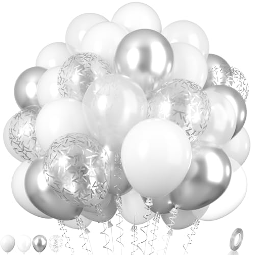 Luftballons Weiß und Silber Ballons, Metallic Silber und Weiß Partyballons Perle Weiß Silber Latexballons Silber Konfettiballons für Kinder Erwachsene Geburtstag Hochzeit Babyparty Abschlussfeier Deko von Paready