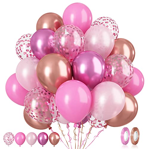 Rosa Luftballons Set, 60 Stück 12 Zoll Helium Luftballons Rot Rosegold Metallic Ballons Rosa Konfetti Ballons für Mädchen Geburtstag Babyparty Verlobung Hochzeit Braut Dusche Graduierung Deko von Paready