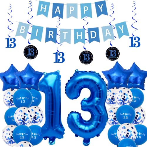 13 Geburtstag Dekorationen für Jungen Blau, 13 Geburtstag Luftballons mit Wirbel Dekorationen Happy Birthday Banner und Stern Folienballons Confetii Latex Ballons für Party Dekorationen Blau von Pargleev
