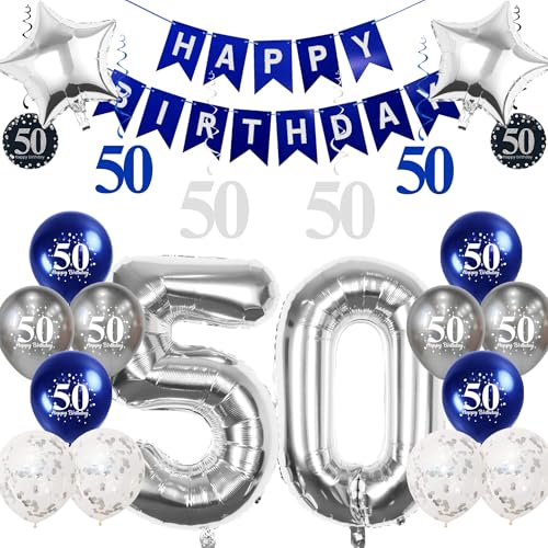Pargleev 50. Geburtstag Dekorationen, 81,3 cm, Zahl 50 Geburtstag Folienballons mit Wirbel-Dekorationen, Happy Birthday Banner und Stern-Folienballons, Silber Pargleev 50. Geburtstag Dekorationen, 81,3 cm, Zahl 50 Geburtstag Folienballons mit Wirbel-Dekorationen, Happy Birthday Banner und Stern-Folienballons, Silber von Pargleev