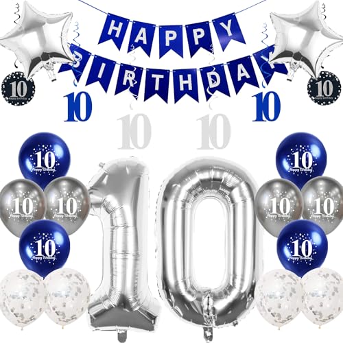 Pargleev Dekoration zum 10. Geburtstag für Jungen und Mädchen, 81,3 cm, Folienballons mit Wirbel-Dekorationen, Happy Birthday-Banner und Stern-Folienballons, 12 Stück, Confetii Silber Pargleev Dekoration zum 10. Geburtstag für Jungen und Mädchen, 81,3 cm, Folienballons mit Wirbel-Dekorationen, Happy Birthday-Banner und Stern-Folienballons, 12 Stück, Confetii Silber von Pargleev