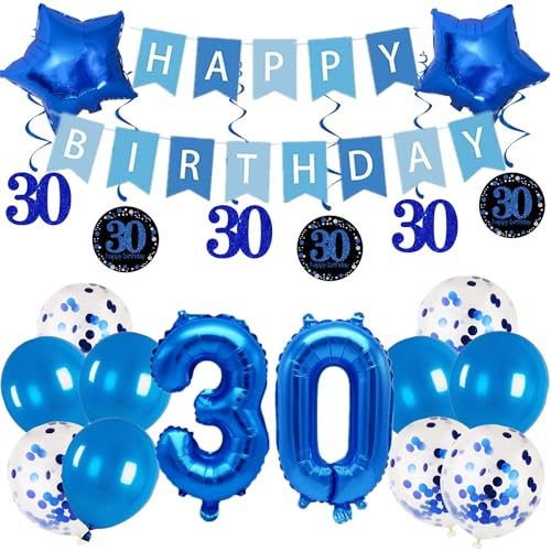 Pargleev Dekoration zum 30. Geburtstag für Männer und Frauen, 40,6 cm, Folienballons mit Wirbel-Dekorationen, Happy Birthday-Banner und Stern-Folienballons, 10 Stück Konfetti- und Latexballons, Blau von Pargleev