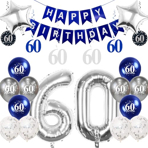 Pargleev Dekoration zum 60. Geburtstag, 81,3 cm, Zahl 60, Folienballons mit Wirbel-Dekorationen, Happy Birthday-Banner und Stern-Folienballons, Silber Pargleev Dekoration zum 60. Geburtstag, 81,3 cm, Zahl 60, Folienballons mit Wirbel-Dekorationen, Happy Birthday-Banner und Stern-Folienballons, Silber von Pargleev