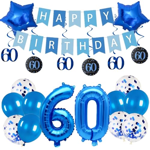 Pargleev Dekoration zum 60. Geburtstag für Männer und Frauen, 40,6 cm, Folienballons mit Wirbel-Dekorationen, Happy Birthday-Banner und Stern-Folienballons, 10 Stück Confetii- und Latex-Luftballons, von Pargleev