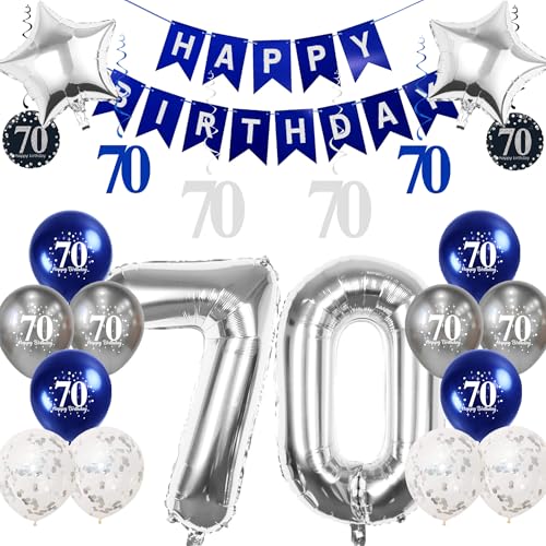Pargleev Dekoration zum 70. Geburtstag, 81,3 cm, Zahl 70, Folienballons mit Wirbel-Dekorationen, Happy Birthday-Banner und Stern-Folienballons, Silber Pargleev Dekoration zum 70. Geburtstag, 81,3 cm, Zahl 70, Folienballons mit Wirbel-Dekorationen, Happy Birthday-Banner und Stern-Folienballons, Silber von Pargleev