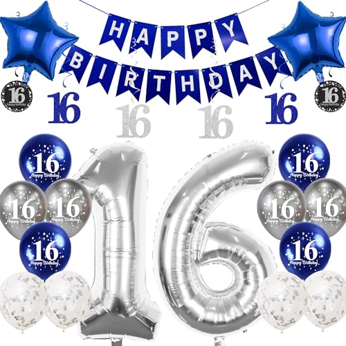 Pargleev Geburtstagsdekoration zum 16. Geburtstag für Jungen und Mädchen, 40,6 cm, Folienballons mit Wirbel-Dekorationen, Happy Birthday-Banner und Stern-Folienballons, 12 Stück Confetii- und von Pargleev