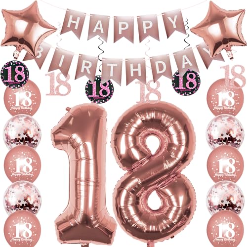 Pargleev Geburtstagsdekoration zum 18. Geburtstag, für Jungen und Mädchen, 40,6 cm, Folienballons mit Wirbel-Dekorationen, Happy Birthday-Banner und Stern-Folienballons, 10 Stück Confetii- und von Pargleev
