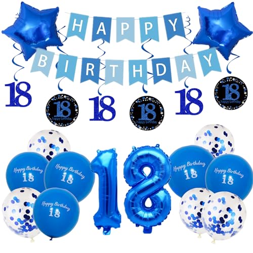 Pargleev Geburtstagsdekoration zum 18. Geburtstag für Jungen und Mädchen, 40,6 cm, Folienballons mit Wirbel-Dekorationen, Happy Birthday-Banner und Stern-Folienballons, 10 Stück Confetii- und von Pargleev