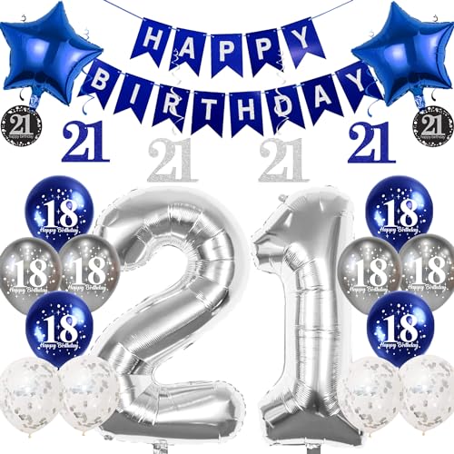 Pargleev Geburtstagsdekoration zum 21. Geburtstag für Jungen und Mädchen, 40,6 cm, Zahl 21, Folienballons mit Wirbel-Dekorationen, Happy Birthday-Banner und Stern-Folienballons, 12 Stück Konfetii- und von Pargleev