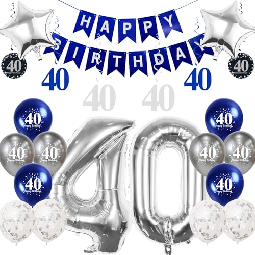 Pargleev Geburtstagsdekoration zum 40. Geburtstag, 81,3 cm, Zahl 40, Folienballons mit Wirbel-Dekorationen, Happy Birthday-Banner und Stern-Folienballons, Silber Pargleev Geburtstagsdekoration zum 40. Geburtstag, 81,3 cm, Zahl 40, Folienballons mit Wirbel-Dekorationen, Happy Birthday-Banner und Stern-Folienballons, Silber von Pargleev