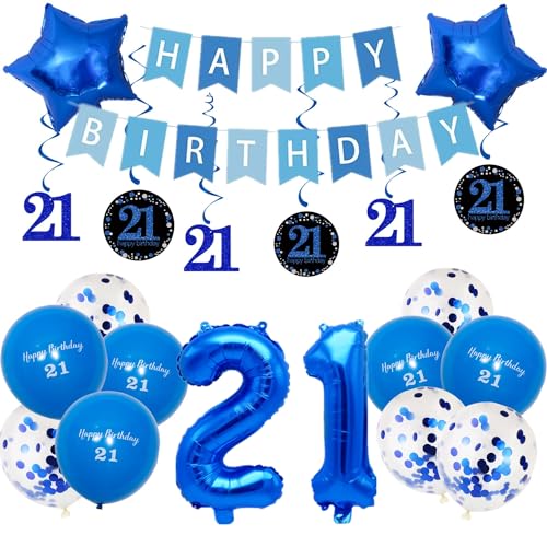 Pargleev Geburtstagsdekorationen zum 21. Geburtstag für Jungen und Mädchen, 40,6 cm, Zahl 21, Folienballons mit Wirbel-Dekorationen, Happy Birthday-Banner und Stern-Folienballons, 10 Stück Konfetti- von Pargleev