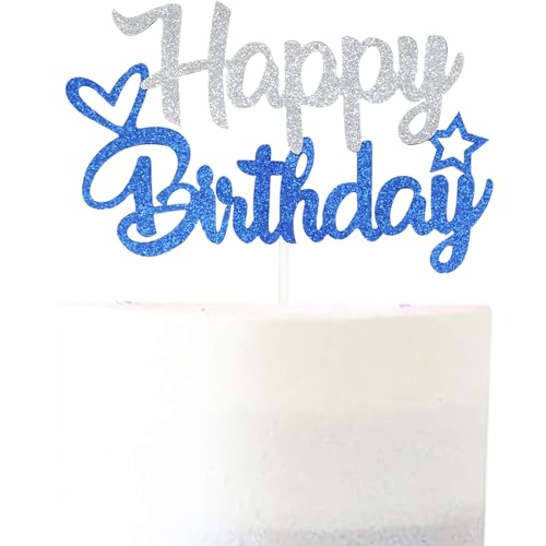 Pargleev Glitzernde Kuchendekoration "Happy Birthday", personalisierbar, Party-Dekoration, Partyzubehör für Babys, Jungen, Mädchen, Männer, Frauen, Blau und Silber Pargleev Glitzernde Kuchendekoration "Happy Birthday", personalisierbar, Party-Dekoration, Partyzubehör für Babys, Jungen, Mädchen, Männer, Frauen, Blau und Silber von Pargleev