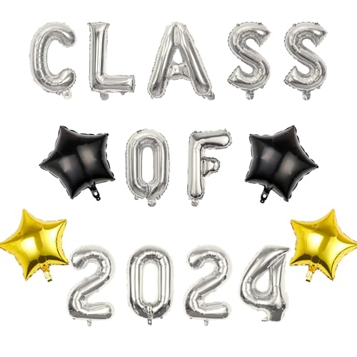 Pargleev Luftballons, Klasse 2024, mit Stern zum Aufhängen, Folienballons, Buchstabe für High School College Abschluss Party Dekorationen Silber von Pargleev