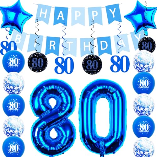 Pargleev Partydekorationen zum 80. Geburtstag für Männer und Frauen in Blau bestehen aus Luftballons mit Wirbel-Dekorationen, einem Happy Birthday-Banner, einem Set von 81,3 cm Zahlen und Pargleev Partydekorationen zum 80. Geburtstag für Männer und Frauen in Blau bestehen aus Luftballons mit Wirbel-Dekorationen, einem Happy Birthday-Banner, einem Set von 81,3 cm Zahlen und von Pargleev