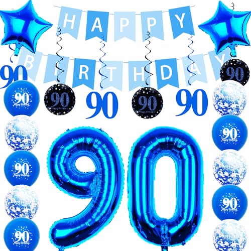 Pargleev Partydekorationen zum 90. Geburtstag für Männer und Frauen in Blau bestehen aus Luftballons mit Wirbel-Dekorationen, einem Happy Birthday-Banner, einem Set von 81,3 cm Zahlen und Pargleev Partydekorationen zum 90. Geburtstag für Männer und Frauen in Blau bestehen aus Luftballons mit Wirbel-Dekorationen, einem Happy Birthday-Banner, einem Set von 81,3 cm Zahlen und von Pargleev