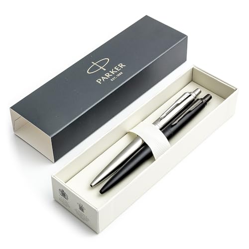 PARKER Jotter XL Kugelschreiber | Set aus einfarbigem Edelstahl und Schwarz | mittlere Spitze | blaue Tinte | Geschenkbox von PARKER