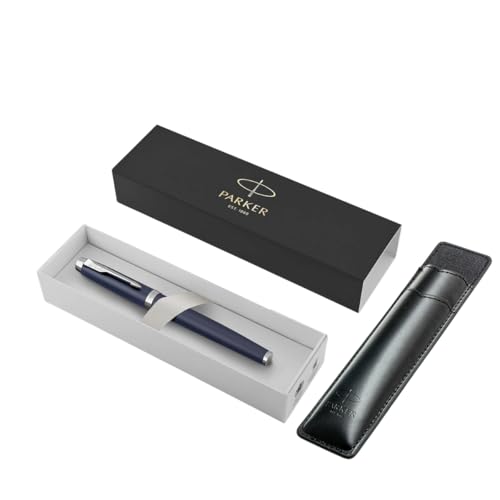 Parker IM Füllfederhalter, mattblau, mittlere Feder mit blauer Tinte, Geschenk-Box, schwarzes Etui mit geprägtem Logo, das perfekte elegante Geschenk von Parker