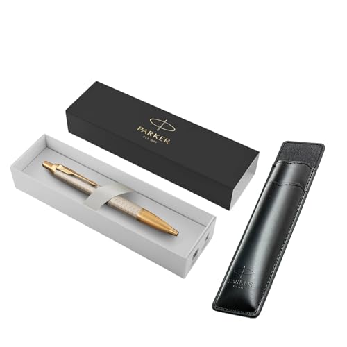 Parker IM Kugelschreiber, warmes Silber, mittlere Spitze, blaue Tinte, Geschenkbox, schwarzes Etui mit geprägtem Logo, das perfekte elegante Geschenk von Parker